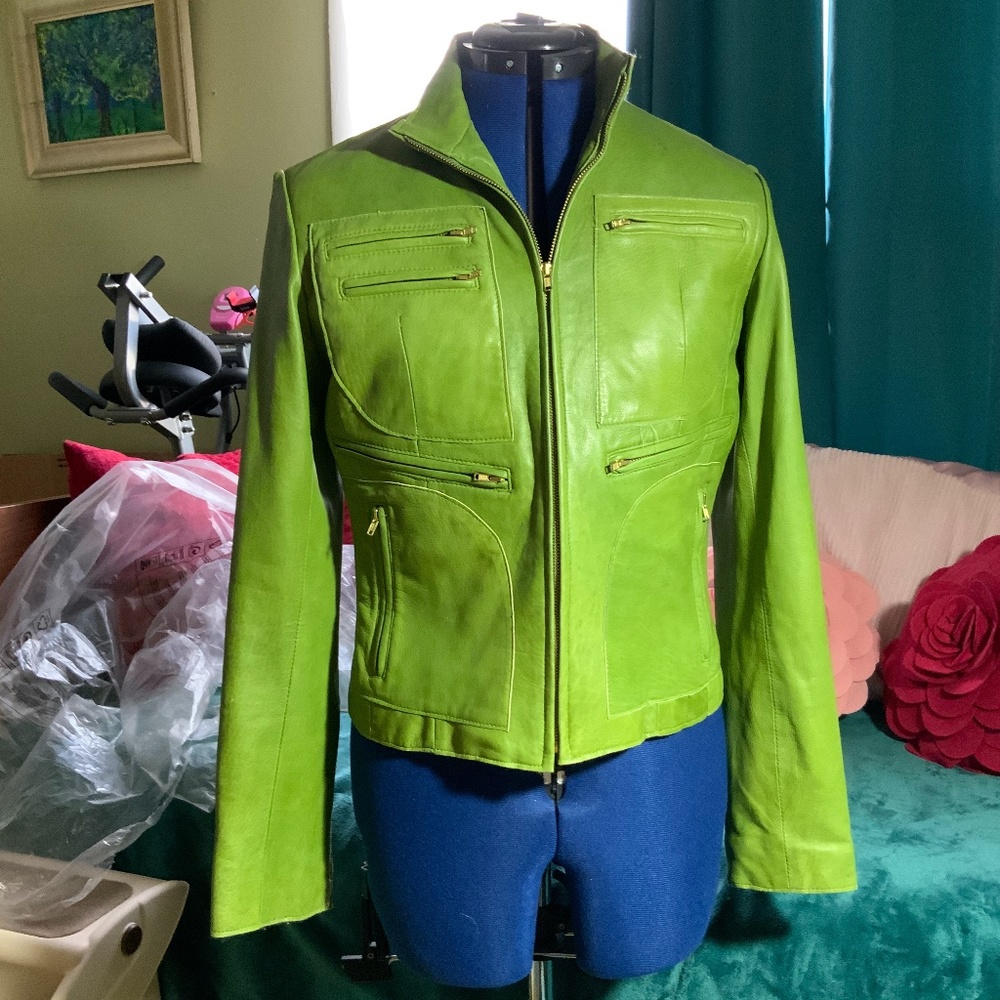 Bright green leather biker jacket